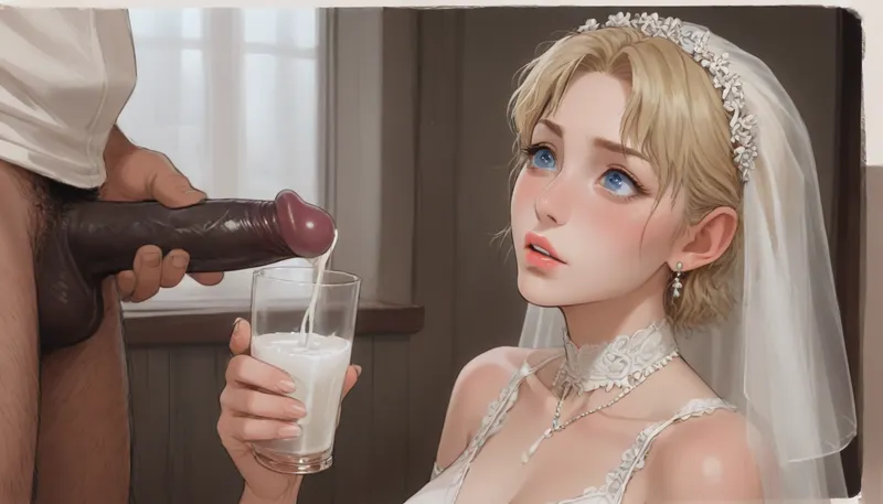 interracial, bbc, very large black penis, The happy white blonde bride in sexy wedding dress, cum driping bride's chain' cum driping from black penis, drinking sperm from transparent cup, there is glossy and sticky sperm in cup, cup full of sperm, cum swallowing, ((gokkun)), cum dripping from the corners of her lips, ((ratatatat74), 90s Anime, (Outline), (cartoon), incase style, concept, art, by, syd, mead, retro, futuristic, flat colors, Perfect Hands), <lora:ratatatat74-000050:1.1>, <lora:outline_xl_kohaku_delta_spv5x:1.8>, <lora:cartoon_stickers_xl_v1:.6>, <lora:NEOTOKIOXL_0.2_RC:.4>