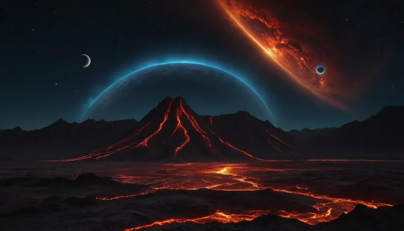 4d makro, Sharp mountains, big lake of lava, spiral galaxy in the sky, high mountains, the height of the mountains is 20 kilometers, huge sharp stones, blue and orange plasma slowly flows from the mountains, glow plasma streams, huge Jupiter with moons, several moons, galaxy, bright stars, dramatic sky, huge crater, rocky field, sharp mountains, there is no one around, no girls, no people, no animals