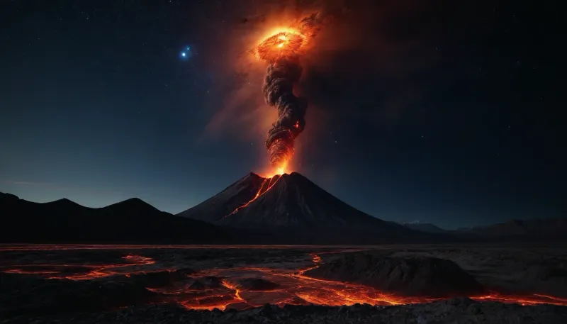 4d makro, Sharp mountains, big lake of lava, spiral galaxy in the sky, high mountains, the height of the mountains is 20 kilometers, huge sharp stones, blue and orange plasma slowly flows from the mountains, glow plasma streams, huge Jupiter with moons, several moons, galaxy, bright stars, dramatic sky, huge crater, rocky field, sharp mountains, there is no one around, no girls, no people, no animals