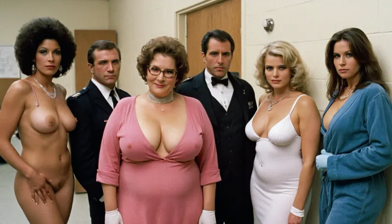 Gritty 35mm photo, wide angle, police station, perp lineup, (identity parade, sequential lineup), 6 female prostitutes stand in a row to be identified, haggard and tired, white wall with height lines behind them. Prostitute 1 is a short woman, 30 years old, chubby, blond, wearing pink negligee, her boobs and fat roles are visible. Prostitute 2 is a tall woman in her 40's, thin, long brunette hair, flat chested, wearing leather straps and bondage attire, leather mask. Prostitute 3 is a black woman, medium height, C-cup, large afro, torn shirt and jeans 1980's style. Prostitute 4 is a voluptuous woman, curvy, 50 years old, elegant, dressed impeccably, full-length fur and evening dress, diamond necklace. Prostitute 5 is a crack ho, skinny, oily skin, acne, late 20's, disheveled and loose hooker attire, tiny hanging boobs, greasy hair. Prostitute 6 is a cute grandmother, hair in a permanent and covered in a scarf, pudgy, granny glasses, housecoat, white gloves, smiling matronly., swat, style, green, eyes, blue, brown, perfecteyes, <lora:swat style:.8>, <lora:PerfectEyesXL:1.1>