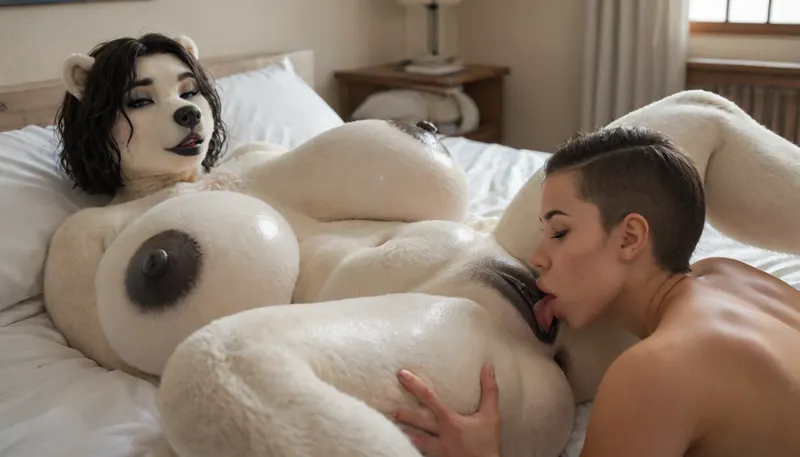((polar bear woman:1.3)), Anthro, anthrofied, bear, hotel, black hair, japanese Bob cut, (shiny breasts:1.3), naked, horny, huge ass, big breasts, (hyper breasts:1.1), big thighs, (laying on bed legs spread apart performing cunnilingus on a human woman’s vagina), vaginal cunnilingus, finger claws, makeup, huge thick luscious lips, glossy black vagina lips, glossy black vagina opening, glossy black areolas, glossy black nipples, glossy black lips, full-view, (((furry art, anthro woman))), ultra detailed face, <lora:add-detail-xl:2>