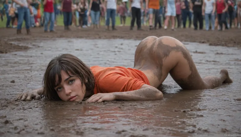 masterpiece, award winning photo, high detail, photo realistic, best quality, woodstock festival, surrounded by people, people standing close to her, crowded open air festival, rainy, Velma, bright green eyes, spread legs, lies in puddle of mud, head on ground, (face down in mud:1.4), ((face half submerged in mud)), body covered in mud, mud on arms, mud in face, mud in hair, mud on legs, mud on feet, wide hips, big ass, left for dead, used, abused, degraded, defiled, humiliated, side view