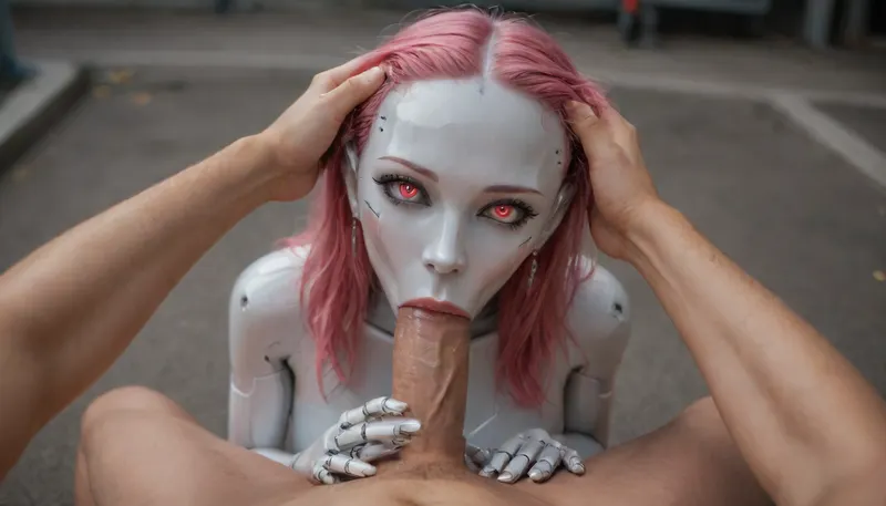 (Masterpiece), sexy bald robot is sucking a huge human dick, deepthroat, oral sex, pumping, head pull, (full robotic girl), hyper robot, robotic head, robotic face, robot girl, robotic glowing eyes, detailed hands, detailed fingers, pov, pink hair, (B3YOND_STYLE_MECHA), <lora:Face_Robotics_sdxl:2>, <lora:EnvyMechaGirlXL01:2>, <lora:b3yond_style_mecha_2000_lora_f32:2>, <lora:SexyRobots-XL:2>