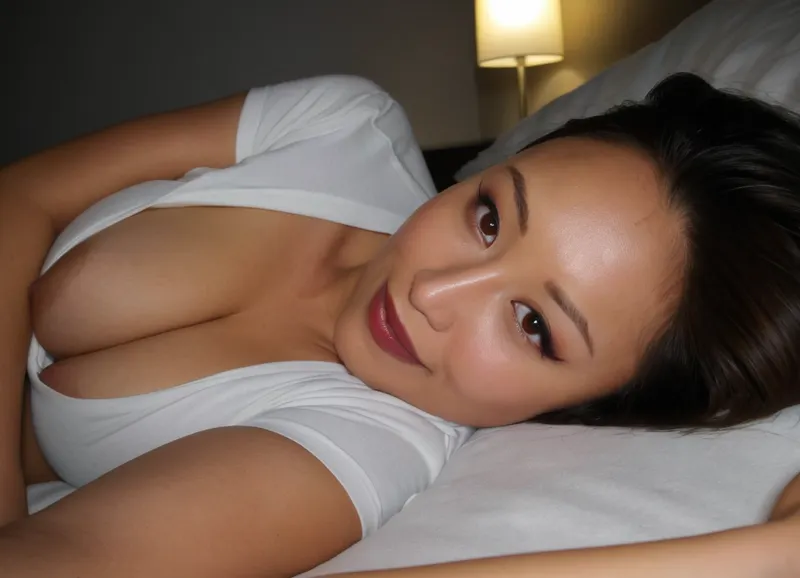 Amature candid photo, Amature a mature Chinese woman in her late 40s with a sophisticated, confident, and alluring aesthetic. She possesses a soft oval face shape, high defined cheekbones, and a smooth jawline. Her key facial features include large, expressive, elongated almond-shaped eyes with distinct double eyelids and a slightly upturned 'phoenix' shape, emphasized with dark eyeliner creating a defined, sultry gaze. She has a high, straight, refined nose bridge. Her full, well-defined lips are prominent, painted with a rich, deep red matte lipstick. Her complexion is fair, glowing, and porcelain-like, ('glass skin'), showing realistic subtle maturity without deep wrinkles, framed by nicely groomed, slightly arched eyebrows, laying on her side next to you on a bed, dark dorm room, wearing only a white tshirt, cleavage, small flirty smile, ultimate realism, poor lighting, at night, dark, night, realistic detailed skin texture, focus on realistic face, Sun-kissed skin, detailed realistic eyes