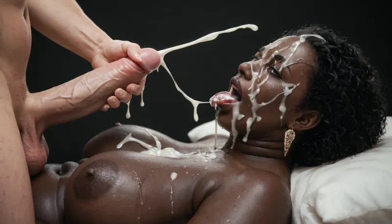 white mature obese black woman, (milf:1.2), absolutely black skin, deep ebony skin, (((absolutely black skin))), extremely long sleek black hair, eyes open, pink thong, lying with her back on the floor, black african fit man with a huge 22 inch penis, masturbating, shooting his cum on her face, cumshot, mouth open, tongue sticking out, porn photoshoot, black background, black room, excessive cum on face, mouthfull of cum.