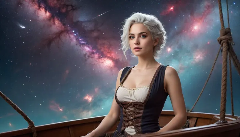 A woman in a boat, sailing the Milky Way in starry space with a prominent spiral galaxy, wearing an erotic pirate costume, her face framed by her white hair. She is on a sailboat, standing on the bow, gazing into the infinity of space above a nebula in Saturn's asteroid belt, with a view of Saturn and Jupiter. Side view with wide depth of field. Soft, ethereal lighting with pastel colors and a touch of magic in the atmosphere. The image should be detailed and rich in textures, with a focus on the feeling of freedom and adventure in space.