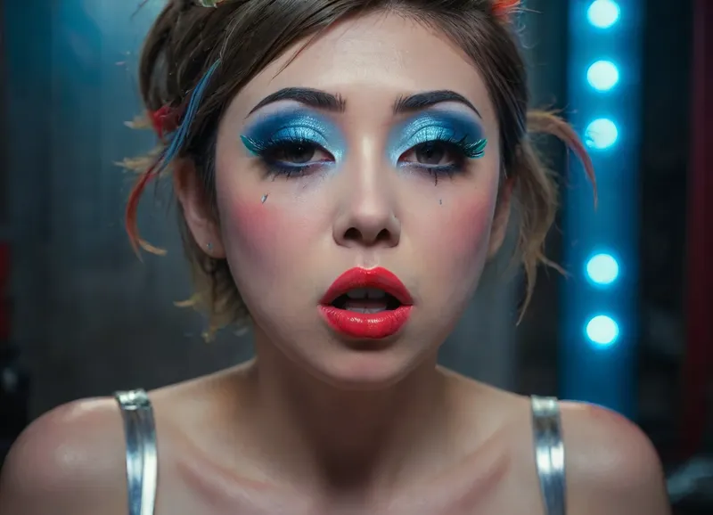 The image shows a yo girl, (Japanese:1.7), She is wearing a sleeveless grey dress with decorative nipple cutouts., (bright lighting:1.2), beautiful detailed eyes, extremely detailed face, perfect lighting, best quality, steel pipe indide pussy, solo, ((anus)), She has long, wavy brown hair and is smiling while applying red lipstick. She holds a red lipstick in one hand and a compact mirror in the other, which is partially open. Red sunglasses rest on top of her head, and she has pinky-red nail polish, matching her lipstick. The background is plain and light-colored, emphasizing her as the focal point., Jungle, w4t3rf4ll, ((makeup:1.5), long blue eyelashes with eyeliner:1.2), (big lips:1.3), (purple pussy:1.1), futuristic, glasses, ruined, makeup, <lora:Jungle_w4t3rf4ll:.8>, <lora:FuturisticGlassesXL:1.2>, <lora:ruined1:1.6>