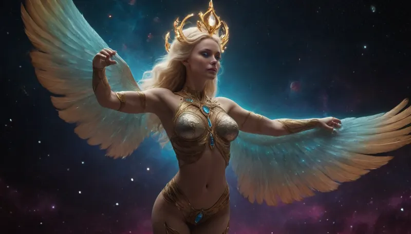 A majestic full-body portrait of a 45-year-old blonde Planetary Goddess, radiant, divine, and cosmically powerful. She stands tall and serene in the center of a vast celestial void, illuminated by the glow of orbiting worlds. Her armor has evolved into planetary goddess regalia, flowing, iridescent nebula-forged plates in duck-shell blue, violet, gold, and crystalline teal. The armor appears sculpted from compressed stardust and nebula clouds, with shimmering constellation patterns drifting across its surface like living tattoos of the universe.

Her face is luminous with divine cosmic beauty, glowing gold pupils swirling with miniature galaxies, pearl-blue celestial markings across her eyes and temples, radiant skin that glows with starlight, and glossy rose-gold lips that reflect the colors of distant nebulae. Her long blonde hair flows weightlessly, trailing strands of glowing cosmic filaments, crowned with floating crystalline blue rose-shards forming a halo of orbiting starlight.

Around her, multiple planets orbit gracefully—some small as moons, others massive with swirling atmospheres, rings, volcanic scars, oceans, and glowing auroras. The worlds move in delicate celestial mechanics, leaving luminous trails as they circle her. Asteroid belts curve around her waist like a cosmic girdle, glowing dust spirals forming natural rings of power.

Her wings are colossal cosmic constructs—part feathered, part galaxy-formed, part shimmering cosmic light. Each wing holds swirling starfields, nebula clusters, radiating dust, and glowing particles. Some sections resemble planet rings, some look like spiraling galaxies, and others are fractal mandalas of pure energy.

Her hands are outstretched, controlling the orbits. Celestial energy flows between her palms as she channels gravitational currents, swirling rings of quantum light rotate around her wrists like divine machinery. Small meteors and cosmic sparks drift around her form.

The environment is an endless cosmic expanse, nebula clouds in cyan, magenta, and gold, swirling starfields, collapsing suns in the distance, drifting planetary debris, soft rays of interstellar light illuminating her silhouette. Space bends subtly around her like gravity itself obeys her.

Feathers of cosmic energy fall from her wings, each glowing like a newborn star.

Ultra-detailed textures, rich cosmic color palette, luminous planetary lighting, SDXL quality, cinematic, divine planetary goddess aesthetic.
