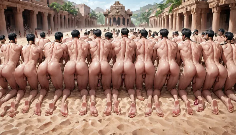6boy, scene in ancient Rome, sandy and dusty place in a small road, six man 21yo crawling on all fours, seen from behind, view from behind on penis and ass, all fully naked, tall, slender, black hair, they are led on a leash by their owner, Ass, view, <lora:MaleAssViewV2:2>, <lora:realistic_male_ass:2>