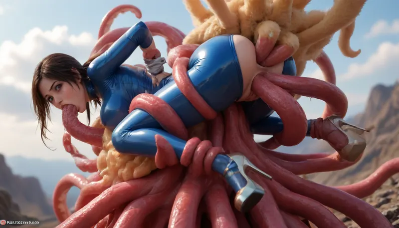 (Anime:1.5), (Woman suspended high off ground from octopus:1.5), (woman restrained and suspended from octopus:1.5), (woman’s body upright on top of octopus with her legs bound and spread:1.5), (octopus wrapped completely around front side of her body restraining and suspending her:1.5), (arms and legs entirely restrained by octopus:1.35), (carry_sex:1.5), (Highest detail:1.35), (extreme thick cum dangling from woman’s face and anus:1.35), (Triple penetration:1.5), (photorealistic face), photorealistic, (looking back over her shoulder face in view:1.35), (octopus slug wrapped completely around woman fucking anus:1.35), (octopus ponycock fucking woman's throat and anus balls deep:1.35), (colossal glowing yellow octopus slug), glowing yellow octopus and tentacles, (mounting over her:1.35), (octopus wrapped around front of her with ponycock in her anus:1.35), enormous fat hyper octopus over woman fucking her anus, (Enormous octopus slug wrapped around her body fucking her anus), (her arms and legs restrained), side angle view, (octopus ponycock in her ass:1.35), (octopus wrapped completely over front of woman), (anal penetration), octopus smothering woman, impregnation, (tight anus stretched with ponycock), (Extremely beautiful young woman:1.5), (lara Croft from tomb raider), (Extremely long hair), (long ponytail:1.3), (perfect body), high detail face, (extremely beautiful young face), (colossal fat hyper octopus fucking her mouth anus and pussy with ponycocks), fucking woman’s asshole, (triple penetration:1.35), (sucking ponycock:1.35), (deepthroat ponycock:1.35), throatfucked, (colossal thick coned ribbed ponycocks), swollen ponycocks, colossal cone shaped pony tentacles, (extremely hyper disgusted shocked facial expression:1.5), side angle view, clinging to her chest, (wrapped around her hips), fucking her tight asshole, (tight sky blue latex bodysuit:1.35), (on top woman’s stomach fucking downwards in her anus:1.35), octopus fucking tight anus, tight asshole stretched by ponycock, full body view, (impossible fit), (woman's ass lifted upwards:1.5), (enormous thigh high light yellow fluffy platform heels:1.35), woman sweaty, tears, skinny woman, woman gagging on cock, sweaty, (woman covered with gooey cum), (squealing while throatfucking ponycock:1.5), testicles touching her, (extreme thick loads of gooey lumpy cum dangling from her anus and face:1.35), (woman's ass and face covered with extreme loads of thick lumpy cum), (extreme thick loads of lumpy cum dangling from her mouth and anus:1.35), (wasp waist), (skinny), (hourglass body), (High, Resolution), (More, Details), (8K), shocked, nonplussed, <lora:checkpoint-e100_s400:2>, <lora:aesthetic_anime_v1s:2>, <lora:EnvyGoddessXL06:2>, <lora:shocked:2>, <lora:EnvyBeautyXL12:2>