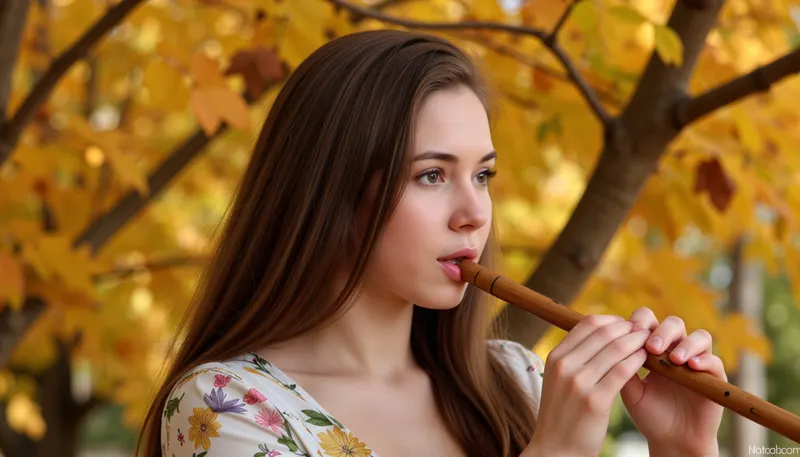Photorealism, photorealistic, realistic, {35-year-old woman with loose hair against a backdrop of leaves flying everywhere, playing the flute, holding it with her hands and touching it with her lips in a whirlwind of leaves}, vivid, highly detailed, ultra-realistic, cinematic lighting, 8K