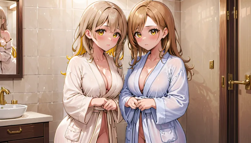 Shy girl next door with perfect huge tits. Long light brown hair with golden highlights. Wearing white bathrobe, view to the front