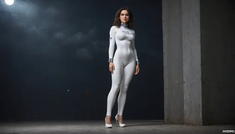 A beautiful curve woman of about forty, wearing white spandex catsuit. She stands in the huge futuristic airopotr. A black sky and a large moon is visible outside the big windows. She wears stiletto heels. The NASA logo is on her shirt. She has long dark hair and heavy makeup. A scar on her face. Looking side and down. Labia is visible through leggings., (Wide metal collar), (metal cuffs on the arms and legs)