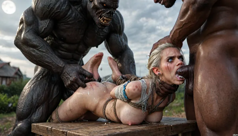 (jaina proudmoore from warcraft), slender, glowing blue eyes, long white hair, ghostly aura, large pointy breasts, (small nipples), (angry:1.7), (mascara tears), (wide eyes:1.2), ripped clothes, amazon, giant, fur barbarian armor, bloody, blood spatter, bear, bear heart, (in a bloody filed after a battle, white full moon in the sky:1.4), ((analrape spitroast)), ((large cock in mouth:1.12)), (cum explosion from mouth:1.125), shocked, deep anal penetration, (man is choking her from behind:1.2), cinematic_lighting, blush, ((gangbang_rape, doubleanal_rape, arms_behind_head, nsfw:1.24)), ((hogtied, bound with large chains, tied to a torture table:1.3)), cock in mouth, (brutal face fuck), Blowjob, (tears in eyes:1.5), (running makeup), (cum drips from nose:1.3), ultra hd, photorealistic, hyper gigantic large black cock in mouth, (((hyper gigantic large black cock in mouth:1.12))), oral cream pie, hair grab, sad, sad crying, tongue out, gasping for air, gangbang, double anal penetration, anal spitroast, groupsex, deepthroat, (4 gigantic African black brute thug, huge trunklike arms, huge head, hyper muscular body, dressed in slave clothes:1.32), ((hogtied, bound for sex, tied up)), (eyes wide open in horror:1.72), (wide mouth spreader:1.8), (pleading expression:1.56), (terrified:1.48), (crying:1.48), (fear and panic:1.56), (hands pulling nipples hyper hard:1.12), nipple clamps, Uber realistic, 8k, ultra detailed, masterpiece, arched back, detailxl, 35mm photograph, film, professional, 4k, 1girl, 5 boys, hdr, photographic, ultra realistic, ultra high details, back light, gargantuan black cocks, anal sex expansion, large hyper muscular fat old men, (double anal sex), swollen white veiny cocks, (double anal penetration), hardcore double penetration, proper physics, big white cocks, muscular white double anal gangbang, (forceful penetrations), extremely graphic, shocked expression, beautiful hands, massive cum in ass, defeating a woman in combat, fighting, killing, blood, winning fight, magazine cover, Realism_Quality_2xx_By_Stable_Yogi, score_9, score_8_up, score_7_up, (((very pretty face:1.3))), (((extremely ultra detailed face:1.3))), perfect fingers and hands, (very high view angle:1), (extreme size difference:1.12), 4k extremely graphic, high detail, porn photoshoot, (eyes wide open in horror:1.44), (wide mouth spreader:1.5), (terrified:1.44), (crying:1.85), UHD 8K, (full body photograph:1.1), (whip marks:1.44), (whipped tits:1.44), professional photograph shot on kodak, 35mm photo, sharp focus, high budget, cinemascope, 100 mm lens, 1/250 s, f/2.8, ISO 300, <lora:LCMTurboMix_Euler_A_fix:2>, <lora:JuggerCineXL2:2>, <lora:detailed_notrigger:2>, <lora:photorealistic_portrait_notrigger:2>