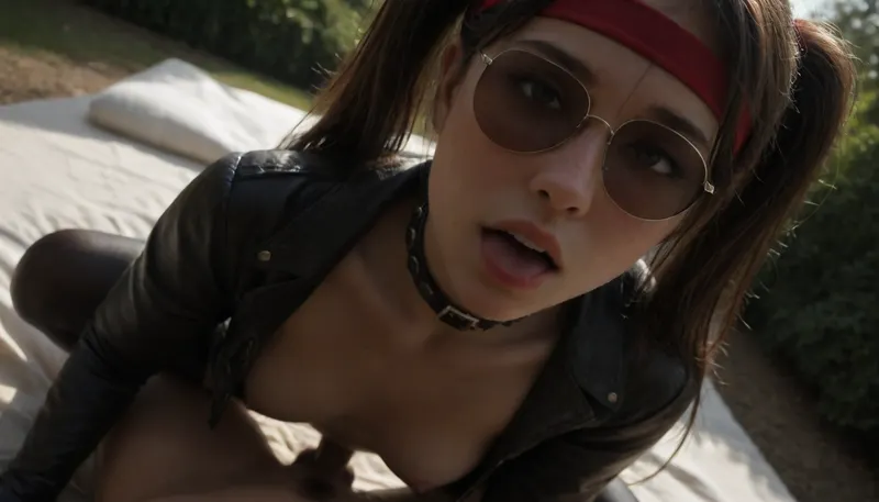 (Close-up), 19 years old, at picnic, outdoors, (wear open leather jacket, animal collar, belt, latex stockings, largue black gloves, sunglasses), masterpiece, naked, explicit, (perfect body), close to viewer, hug at viewer, my pov, squat, viewer hands, viewer grab nipples, leaning forward, riding, looking at viewer, cowgirl, riding penis, grinding, long dark hair, twintails, red headband, hair between eyes, fringe hair, (ahegao eyes), black cabie hat, eyelashes, (female orgasm, body spasming, back arching), pubic hair, smile, open mouth, natural medium breasts, giant breasts, ((very sweaty)), larguenipples, (slightly opened mouth), legs spread, visible pussy, in luxurious bed, sunlight, (Dynamic angle:1.5), Full body in Frame, top View, best quality, amazing quality, high contrast, intricate details, view from top, photorealistic, org4smic, <lora:dark:.1>, <lora:org4smic_sdxl:2>, <lora:Sweaty_Realism_4-000006:1.1>