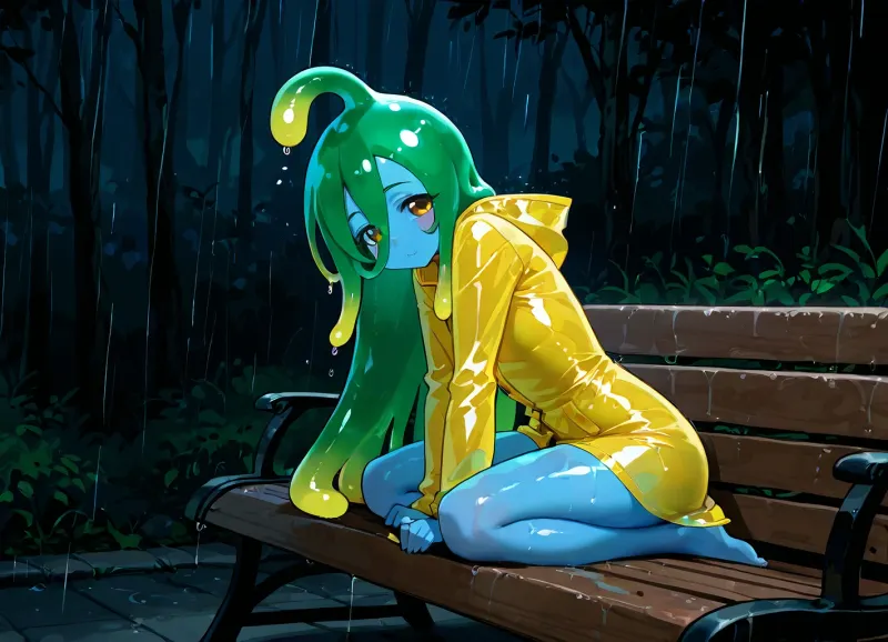Suu, (Monster Musume), slime woman in rain coat. Petite, short, skinny, blue slime monster girl, green slime hair, yellow rain coat, transparent body.

Rainy city park, sitting on park bench, dark lighting, moody lighting.