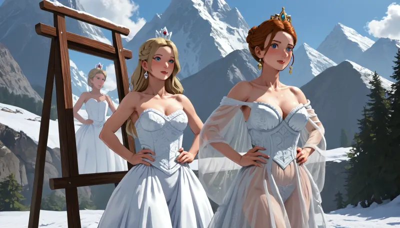 Fantasy, painting, Boris Vallejo, magical ice queen, diaphanous and translucent dress, the queen stands atop an snow capped mountain peak, hands on hips, storms rage but she is unaffected., green, eyes, blue, brown, perfecteyes, <lora:PerfectEyesXL:.8>