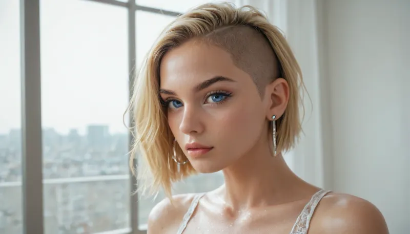 Blonde, bobcut, pointy nose, blue eyes, looks like Alexis Texas