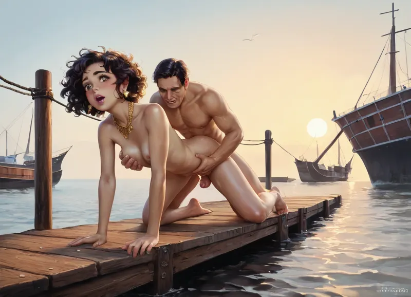 A full-length hentai-style photograph depicting the modern port of Antibes in the early morning, (on the parapet of the pier with yachts moored in the port), a completely naked 35-year-old woman with long, thick, natural chestnut hair, softly wavy below her shoulders, an oval face with expressive cheekbones, neat eyebrows, a straight nose, expressive dark brown eyes, fair skin with a slightly warm tone, and delicate pink lips. She wears a thin gold chain around her neck and small gold earrings in her ears., (Behind her stands a young, handsome man with an erect penis. He holds her breasts with his hands and fucks her from behind), classic vaginal sex, arousal, passion, orgasm. In the background is the sea, yachts, the port of Antibes, the French Riviera at dawn, award-winning illustration, editorial style, hyper-realistic image, ultra-high resolution, RAW file tag.