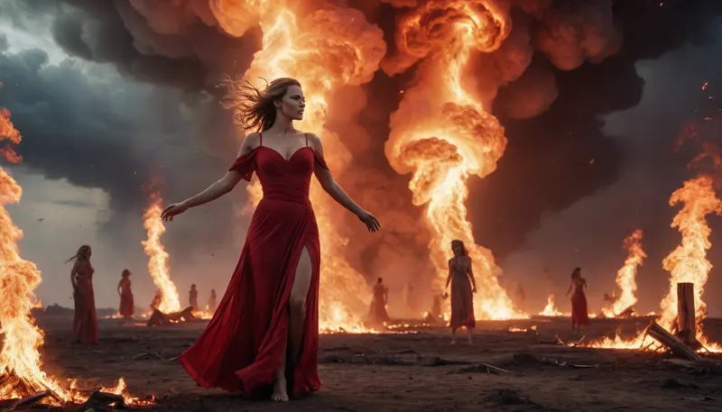 light connection between many of galaxies, flaming from bodies red women ghost dancing between them fire tornado from sky, axe Iansa