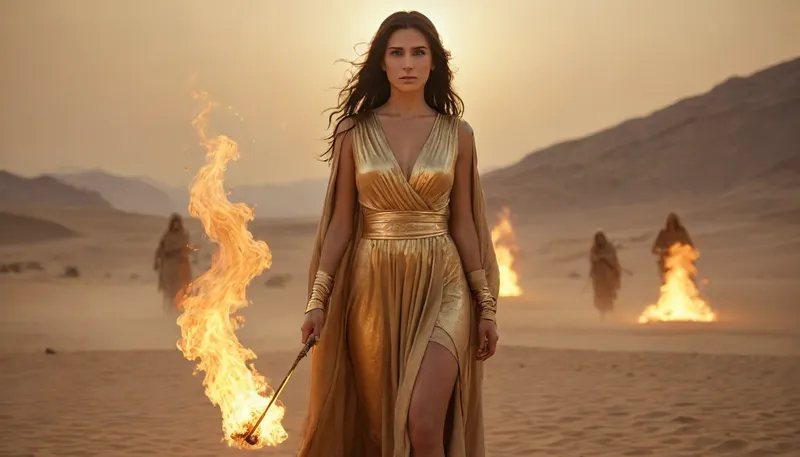 gegiptian women praist in ancient robe, gold lingery in deep desert, fire storm on horizont