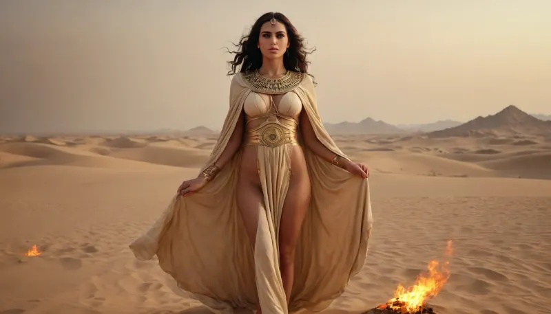 egyptian women praist in ancient robe, gold lingery in deep desert, fire storm on horizont