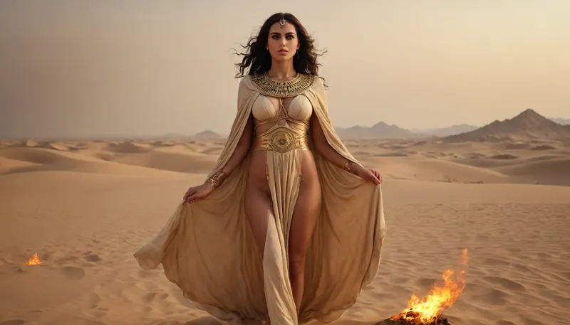 egyptian women praist in ancient robe, gold lingery in deep desert, fire storm on horizont