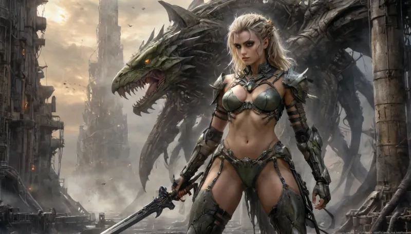 wide angle, head to toes, full body view, (photorealistic), luis royo art style Visual Elements, Main Character – Neferthys, full length body shot Create striking art featuring a fierce and confident Neferthys, warrior priestess. She is depicted with flowing blond hair, clad in her iconic olive green leather lingerie armor, wielding a gleaming longsword. The background showcases a dramatic fantasy landscape— a fiery sky at sunset or a mysterious, darkened battlefield. Emphasize her powerful stance, fierce expression, and the sense of adventure and danger surrounding her. Use bold, vibrant colors to highlight her striking presence and capture the essence of her legendary warrior spirit. collarbone glistening under moonlight, orgasm face, bedroom eyes, Digital painting captures interplay of Art Nouveau and punk aesthetics within her being, contrasted against sprawling backdrop of cyber and atmospheric industrial textures, distilled mourning of a divine spirit, gripping, cyberpunk elements, atmospheric contrasts, detailed hairstyle, d&d character, tall, ripped thigh high stockings, dark fantasy, smokey eye makeup, psychotic, intricate details, iridescent, vivid colours, trending on artstation, Michael Garmash, Luis Royo, water color effect Dark, Fantasy, page, water color, foggy background, shimmering textures
DonMn1ghtm4reXL, y4nn, circuitboard, futuristic, Art, Boris, Vallejo, Style, Luis, Royo, dark, fantasy, braided, side, <lora:Dark Fantasy:1.1>, <lora:y4nn:2>, <lora:Fantasy_art_XL_V1:1.9>, <lora:Braided_Sides_V1:2>, <lora:Mecha_Ggorgeous_Armor-000011:.8>