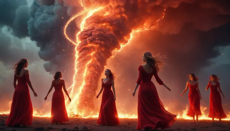 light connection between many of galaxies, flaming red women ghost dancing between them fire tornado from sky, axe Iansa