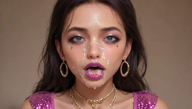 (high-quality facial detail:1.3), Indian sexy beautiful girl, (blue eyes:1.3), ((bimbo makeup, intense saturated glossy purple lipstick:1.2)), (Indian face:1.9), ((makeup:1.8), long blue eyelashes, olive eyeshadow with glitter), (lips:1.2), open mouth, saliva, in a transparent tight-fitting sequined dress, (pink-purple areoles are visible, nipples with piercings), an exquisite necklace and gold bracelets, (purple anus stretched around dildo), mid ejaculation, (penetration), she has long hair tied up in a bun, (purple pussy:1.7), nipple ringsnipple, (purple puffy anus:1.5), nipple ringsnipple rings, pussy view, slit pussy, slender long legs with a high waist, fishnet stockings, green stilettos, seductive grins, dark skin., (cum in mouth:1.3), (heavy pussy piercing:1.7), There is a lot of cum on the pubic area of the anus, lactation, sprayingmilk, Aesthetic, Nail, bbcdeepthroat, <lora:lactation_XL_0_:1.6>, <lora:Aesthetic_Nails:1.4>, <lora:BBCDeepthroat:2>