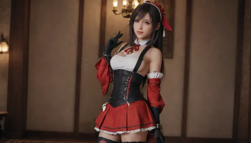 23 years, solo, red, eyes, dress, skirt, stockings, detached, sleeves, jewelry, black, thighhighs, hat, yae, miko, tifa, vision, (genshin, impact), <lora:MIAOKA_Yae Miko_XL:.8>, tifa7re, tifa_outfit, <lora:tifa_re_sdxl_V1_01-000006:.8>