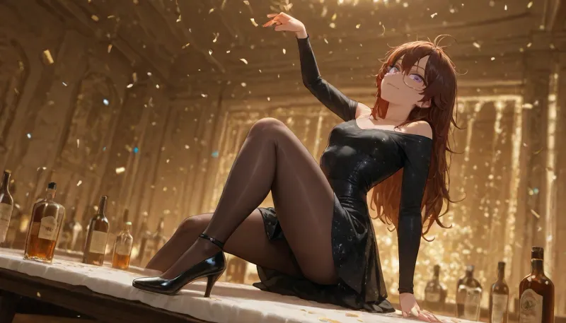 Pre christmas party, tight glitter dress, dark dress, young lady, narrow face, (small chin), scandinavian features, black mini dress, pantyhose, laquer high heels, (wasted), ((rowdy)), (dancing on table), (low angle), upskirt, confetti, empty glasses on table, bottles on table, white tablecloth, stained, slender, petite, small, glitter, (messy hair), movement, speed, horny, long sleeves, loose sleeved dress, detailed hands, detailed arms