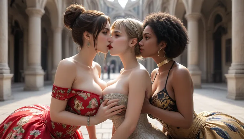 three extremely hourglass-shaped south african garden party women, colossally colorful eye makeup with overly longing eyes, extreme with lipstick, african colossal tight high cut skimpy garden party dress, extremely high updo afro curl, colossally massive bursting giant breasts, colossal extremely bulging plump gigantic bubble ass buttocks, in a south african luxury garden, groping and kissing each other all over their bodies