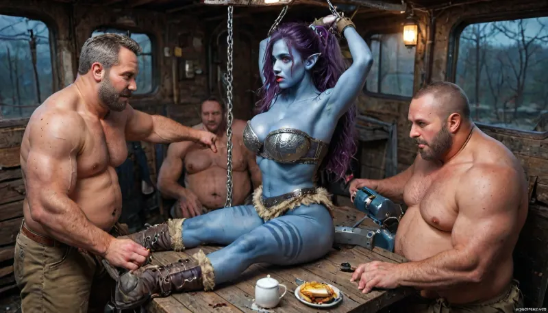female drow elf barbarian, (dark night blue skin:1.82), tall, angry, busty, curvy, thin waist, big boobs, big butt, slim, athletic, fit, vitiligo, strong, (wearing Drizzt Do'Urdens armor, with bear fur pelt, dungeons and dragons inspired chainmail, purplish blue skin, black and purple hair, Dark, Elf, Warrior, Drow, tattooed, scarred, purple eyes, uberfit, muscular, blue skin, amazon, giant, fur barbarian armor, bloody, blood spatter, bear, bear heart), Dark, Elf, Warrior, Drow, tattooed, scarred, purple eyes, uberfit, muscular, blue skin, amazon, giant, fur barbarian armor, bloody, blood spatter, bear, bear heart, zavy-brbrn, defeating a woman in combat, fighting, killing, blood, winning fight, magazine cover, Realism_Quality_2xx_By_Stable_Yogi, score_9, score_8_up, score_7_up, (((very pretty face:1.3))), (((extremely ultra detailed face:1.3))), perfect fingers and hands, upper body view, (extreme size difference:1.6), (ultra realistic), (maximum quality), (high resolution), (extreme detail), (ultra realism), UHD, super high quality, highly detailed, high resolution, perfect lighting, natural lighting, Uber realistic, ultra detailed, masterpiece, 35mm photograph, film, professional, 4k, hdr, photographic, ultra realistic, ultra high details, back light, (dynamic pose), (dynamic angle), (random angle), (random pose), (dynamic view), (random view), best quality, volumetric lighting, golden hour lighting, dramatic shadows, rich details, nature-inspired color palette, 8k, FILM PHOTOGRAPHY STYLE, cinematic photo photo woman, professional portrait photorealism, a white and blue alice in wonderland dressed in satin, blonde, blue-eyed, alice in wonderland satin cosplay, satin skirt, striped stockings, knee-length red high heeled boots, fucked by mad hatter at mad hatter's tea party, missionary, large breasts and ass, wet-look, cleavage, thick red lips, heavy black eyeshadow, dark-haired male dressed in purple suit with yellow waistcoat and enormous purple top hat, sound effects, motion lines, tea party, teapot, crockery, spoons, plates, sandwiches, ((gangbang_rape, doubleanal_rape, arms_behind_head, nsfw:1.24)), ((hogtied, bound with large chains, tied to a torture van:1.36)), (Torture, defiling, sadism:1.62), ((5 dirty old fat men gangrape girl:1.36)), <lora:LCMTurboMix_Euler_A_fix:2>, <lora:Dark_Elf_Warrior:2>, <lora:Drow:2>, <lora:uberfit_lora_sdxl:2>, <lora:zavy-brbrn-sdxl:2>
