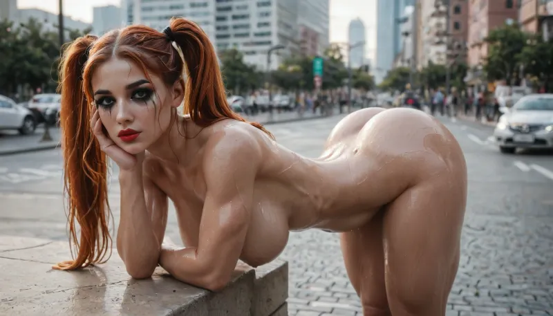 highly detailed, high res, maximum detailed image, insanely hot, beautiful woman on city street, redhead, seductive, ultra-detailed, HD, realistic, perfect face, detailed face, long eyelashes, eyeliner, big blue open eyes, size four large breasts, big boobs, huge tits, busty thick lips in red lipstick, athletic belly, (very long false white nails), (wearing white transparent suit whith arms), (((stands showing ass bent over))), masterpiece, best quality, perfect lighting, one woman, (((raindrops on face:1.4))), bmbplora, white eyeballs, wet skin, (Wet Makeup), ((leaking mascara)), side view, mega twintails, big hair, uberfit, muscular, athletic, <lora:bimboxl_02:1>, <lora:Her_Eyes:1>, <lora:Wet_Makeup__Runny_Mascara-000006:1>, <lora:xl_mega_twintails-1.0:.8>, <lora:uberfit_lora_sdxl:1>