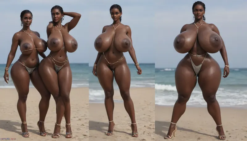 (absolutely black skin:1.65), (gigantic massive huge tits slender beauty model on the beach:1.35), (incredibly floppy saggy tits:1.65), (very large very dark areolae:1.55), erect nipples, seduction, model with full body and face, ((groping tits and ass)), very high plateau heels, ((bikini)), (belly chain, anklet, bracelet, jewelry, necklace), ((micro skirt)), oiled up, light hairy pussy, very detailed image, ultra high definition
