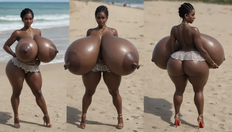 (absolutely black skin:1.55), (gigantic massive huge tits slender beauty model on the beach:1.35), (incredibly floppy saggy tits:1.85), (very large very dark areolae:1.55), erect nipples, seduction, model with full body and face, ((groping tits and ass)), very high plateau heels, ((bikini)), (belly chain, anklet, bracelet, jewelry, necklace), ((micro skirt)), oiled up, light hairy pussy, very detailed image, ultra high definition