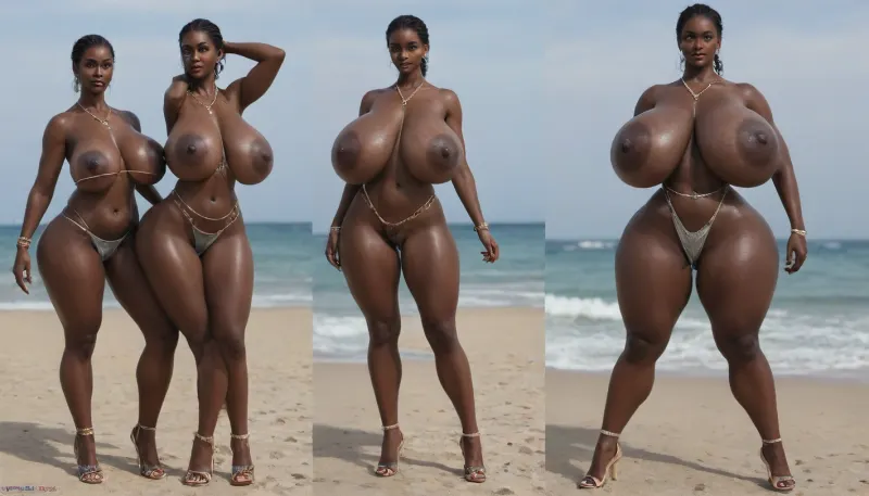 (absolutely black skin:1.65), (gigantic massive huge tits slender beauty model on the beach:1.35), (incredibly floppy saggy tits:1.65), (very large very dark areolae:1.55), erect nipples, seduction, model with full body and face, ((groping tits and ass)), very high plateau heels, ((bikini)), (belly chain, anklet, bracelet, jewelry, necklace), ((micro skirt)), oiled up, light hairy pussy, very detailed image, ultra high definition