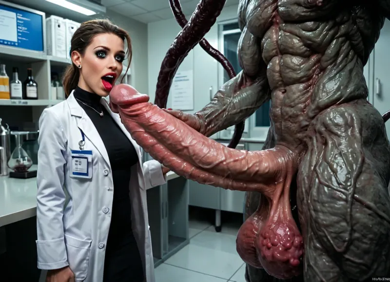 Horror movie setting. Futa doctor wearing only her lab coat. She’s in her lab at night. A giant cock monster is attacking her. The monster looks like a ball of writhing cock tentacles. It’s off in the corner of the lab emerging from a portal. The doctors cock is incredibly large. She’s terrified. Cock tentacles, giant cock, big tits, doctor, laboratory, futa cock, huge cock, cock tentacle monster, fleshy cock monster, skin color