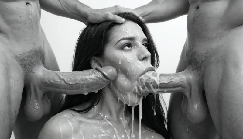 (black&white:1.9), white background, white room, naked white mature woman, (milf:1.1), (extremely long smooth black hair:1.6), (wide_hips:1.5), (Massive ass:1.2), thin waist, (massive breasts:1), her legs are widely spread, cum dripping from her vagina, after sex, she is rubbing her pussy, front view, throat blowjob, huge 19 inch thick cock, (stretches the throat:1.1), throat bulge, sucking a huge thick 19 inch penis, both hands on her head, the penis disappears completely into her mouth, ballsdeep, facefuck blowjob, extremely deepthroat blowjob, brutal mouth fuck, excessive cum dripping from penis, excessive cum on face, slobber, oral sex, woman, sucking, a, cock, (realistic excessive thick runny cum all over her face and body), mouthfull of cum, cum dripping out of her open mouth, mouth full of cum, lots of very thick cum, loads of cum, on, excessive bukkake, cum, facialized, superfacialized, surrounded by dicks, masturbating, 3+ men, 4ng3l, face, <lora:WTS - WhatTheSuck - v1:1>, <lora:SDXL_BetterFaces-LoRA_v1:.9>