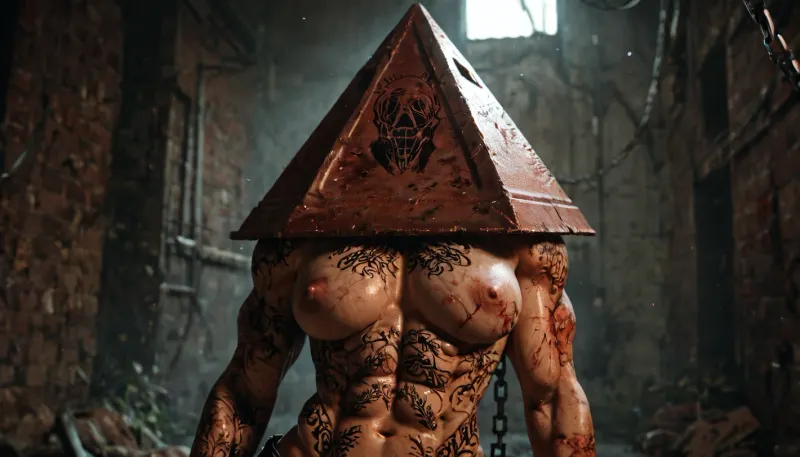 (Body covered in tattoos:1.8), silent hill style, pyramid head, chainsaw, bloody, 1girl, muscular woman, chains, weapon, <lora:silent_hill_xl:1>