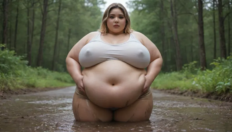 Korean fat woman, 20 years, blonde highlights, wearing big summer top and pants, Wide hips, very large bust size, Fat belly, Plump fat arms, (Obese), Overweight, (Plump), completely covered with mud, hair completey covered with mud crawls in deep mud in a forest, <lora:Chubby BBW - XL:2>, <lora:runga_8.1-000002:2>