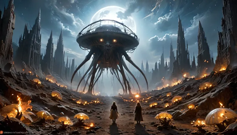 photorealistic, (masterpiece, ultra-detailed:1.4), cinematic, (Erotic photography by Hegre in the style of Met-art:1.5), detailed lips, fine details, skin pores, symmetrical face, healthy hair, very long hair, beautiful lively eyes, clear eyes, penetrating gaze, Panoramic shot, everything is visible, alien architecture with crystal spires, mazing waterways, a beautiful and creepy world in which you want to stay, calling to yourself every night, An ancient alien world, scattered stars, nebulae and galaxies are visible in the sky, the sea next to the alien city, full-length photography, the whole body is visible, (towers of crystal and light:1.1), an eerie and otherworldly mood, with a sense of mystery and danger, a photograph of a dark and disturbing scenario influenced by the works of H.R. Giger and H.P. Lovecraft is a disturbing work of art, the landscape is dotted with mushrooms, grotesque fantasies by H.R. Giger.

Cyborg woman, fully naked astronaut, looks into the eyes of the viewer, Boundless ocean, space, stars, milky way, giant planets, Jupiter, moon, storm, hurricane, sea foam, night, darkness, infinity of space, meteor shower, distant stars, red dwarfs, Powerful lightning strikes, Andromeda nebula, Alpha Centauri, supernova explosion, Mercury craters, Io volcanoes, ice on Jupiter's moon Europa, radiation, green and blue light, rapidly growing neutron star, spaceship shipwreck, Solid darkness, impenetrable night, the sun in black space at a great distance, the afterlife of Pluto, the Ort cloud, Thunderstorms, gas clusters, neutron star, electromagnetic field, Earth's Arora Borealis, pervasive radiation, radio waves, extremely intense cosmic radiation, nuclear fusion, spacecraft of unknown origin, alien ship, female predator, Solar wind blows away Saturn's rings, cosmic radiation, space mission, odyssey, colonization of planets, space tourism, black hole, neutron collider, Space station, female astronaut, film, Flight at the speed of light, superluminal thrust, nuclear thrust, space ark, spaceship for interstellar flights, Space dust, space storm, a spaceship at a great distance, a space station orbiting a planet, Boundless, endless, frightening, cruel, cold, empty space, (perfect fingers:1.2), piercing, ultra details, grim, highly detailed, drkms, <lora:cfg_scale_boost:.6>, <lora:MJ52:.6>, <lora:LCMTurboMix_Euler_A_fix:1>, <lora:DarkGrimFantasyXL-000004:.7>, <lora:HandFineTuning_XL:1>