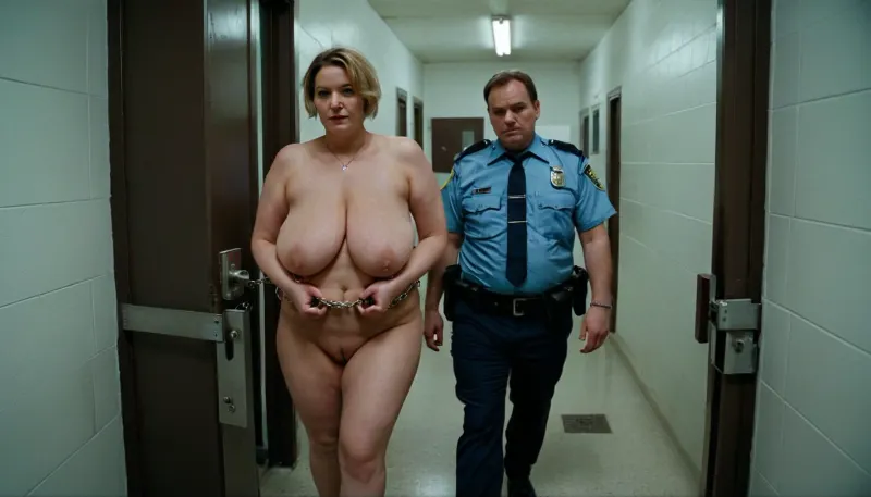 20 वर्षीय महिला कैदी को उज्ज्वल रूप से जलाया जेल कॉरिडोर के माध्यम से एक समान पुलिस अधिकारी द्वारा रखा गया था, जहां उन्होंने नरम प्रकाश व्यवस्था के साथ एक सफेद सुडौल 60 वर्षीय शरीर पहनी थी और 8K अल्ट्रा एचडी फोटोरियलिस्टिक छवि