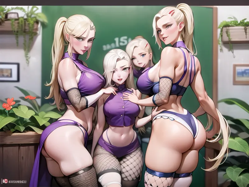 absurdres, highres, ultra detailed, Touching each other, (3girls:1.5), kobeni, skin fit, (Lesbian sex), (single sidelock:1.2), Different generation, (Age difference, Loli, teen sister, milf), (mom and Daughters:1.5), nervous, (Sakura And sarada and naruko), formal, (Incest:1), age Progression, looking at another, blush, eye contact, height difference, smile, ass, kabedon, standing, against wall, open mouth, Different cup sizes, girl, cubby thighs, full body, indoors, yamanaka_ino, hair, ornament, earrings, hairclip, midriff, fishnets, <lora:yamanaka_ino-10:1>