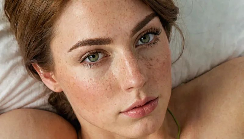 A high-quality photorealistic portrait of a young woman with ultra-detailed skin, freckles, and a pixie haircut captures her natural beauty and charm. Her lips are full and juicy, her eyes wide open in a