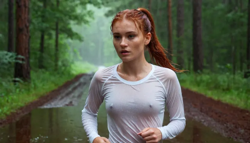 一个女人穿过一片黑暗的森林,她的湿发滴着雨,紧紧地把摄像机紧紧地握在手上. 她穿着白色的T恤和跑步短裤,但她在寒冷中颤抖. 她的雀斑很突出