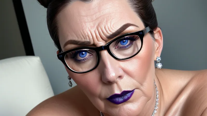 La femme sur la photo est une chef de famille victorienne britannique de 50 ans avec une attitude en colère et un regard intense. Elle a une peau parfaite, de gros seins en silicone et un corps nu doré. Ses cheveux sont brun foncé et elle