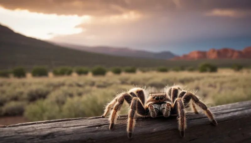 The large format photo of a tarantula creeping below a weathered wooden corral fence, distant red rock bluffs and looming storm clouds, sunset with intense sunlight, crepuscular lighting, linear perspective, faded muted colors, brightly colored solitary