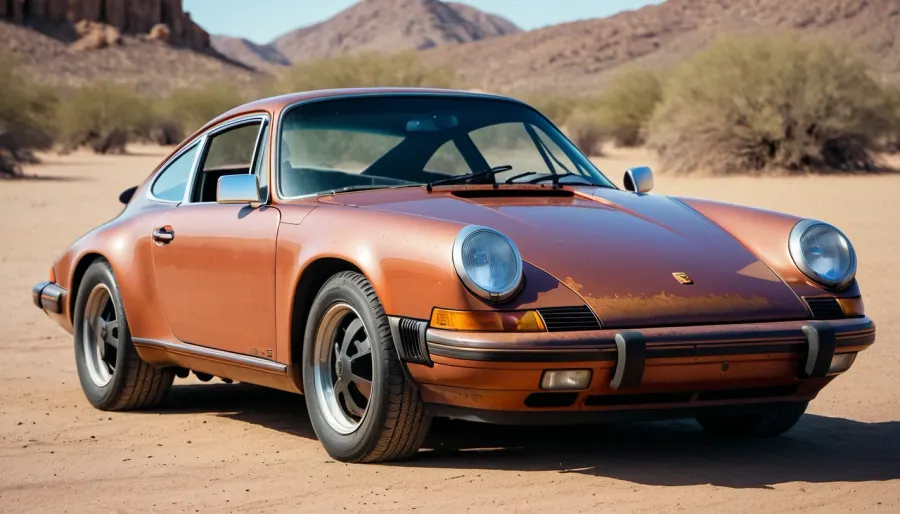 曾经闪耀的保时捷911 现在坐落在沙漠中 生锈了 它的窗户破了,轮胎也平了,但它仍然具有一定的魅力. 当我接近汽车时,我不能不感觉